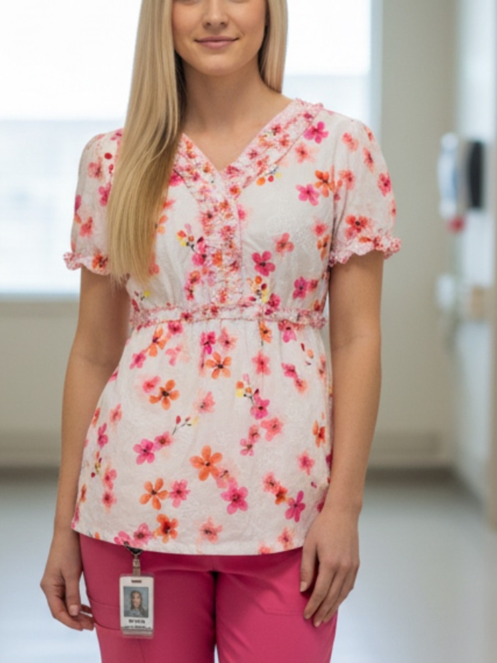 NWT- KATHY PETERSON scrub  Floral Ruffled V-Neck Top - Pink on White